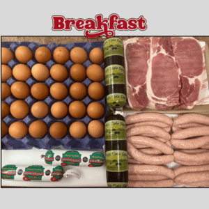 Poyntons Breakfast Box containing eggs, black pudding, white pudding, sausages, eggs and bacon
